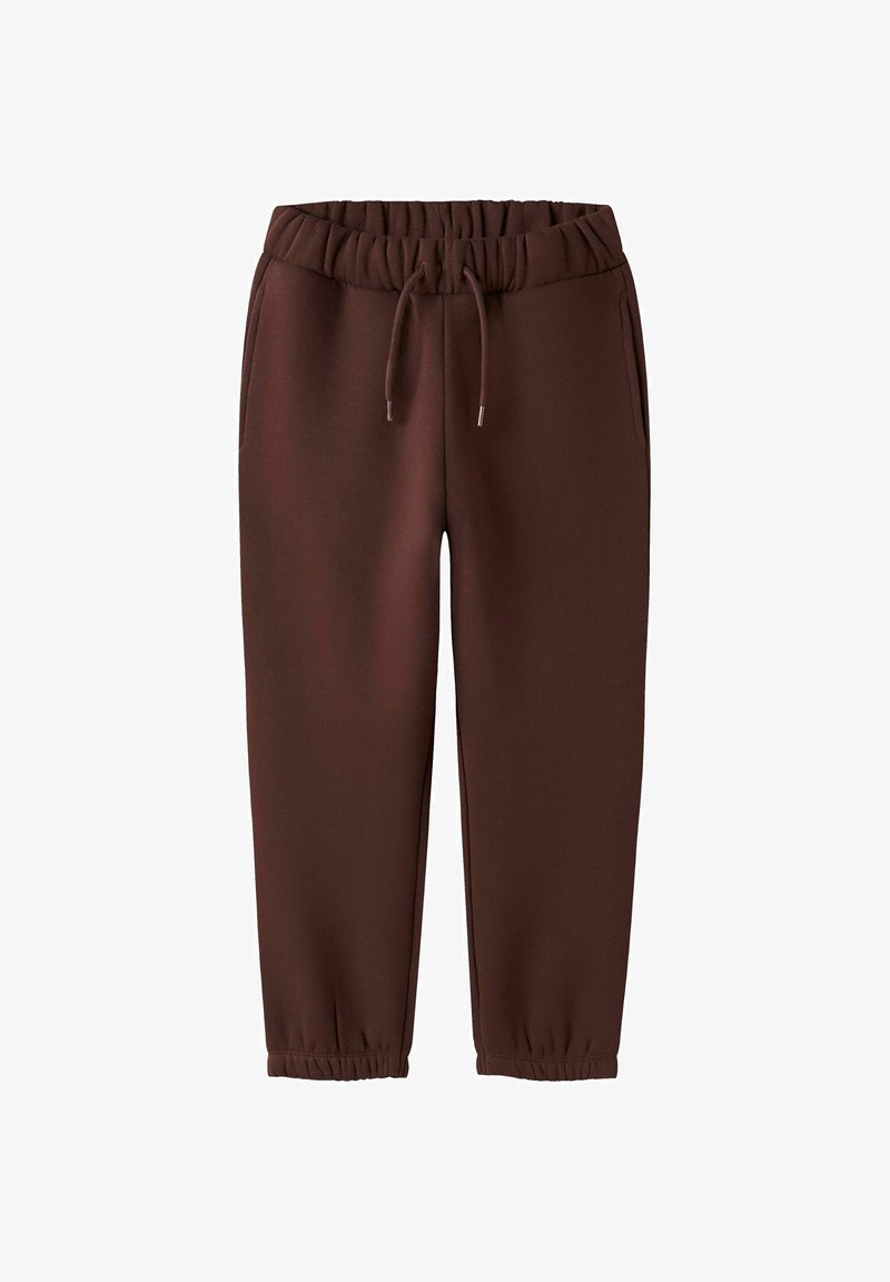 Donkerbruine joggerbroeken met een elastische tailleband en boorden, met zijzakken en een trekkoordsluiting.