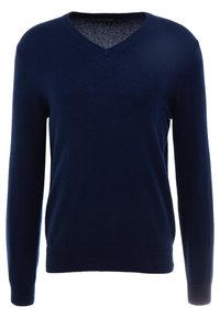 Maglione blu navy a V con maniche lunghe, realizzato in tessuto morbido. Presenta un orlo e polsini a costine, una texture liscia e dettagli minimi.