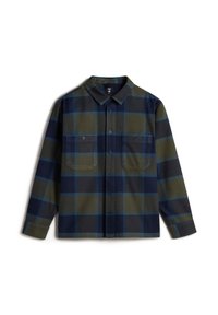 Camicia a quadri con colori verde scuro e blu navy, chiusura frontale con bottoni, colletto e due tasche sul petto con chiusura a bottone.