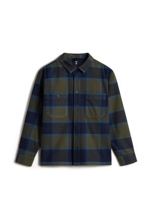 Camicia a quadri con colori verde scuro e blu navy, chiusura frontale con bottoni, colletto e due tasche sul petto con chiusura a bottone.
