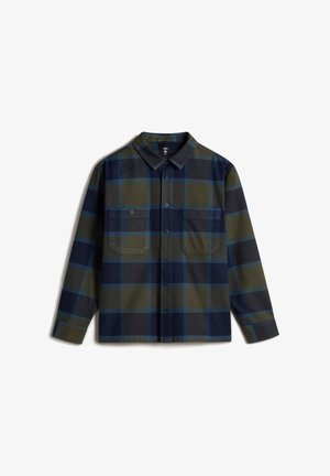 Plaid shirt featuring dark green and navy blue colors, button-up front, collar, and two chest pockets with button closures.