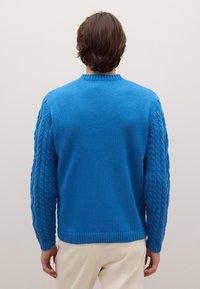 Helles, blaues Strickpullover mit geripptem Rundhalsausschnitt und Zopfmuster-Textur an den Ärmeln, mit einer lockeren Passform.