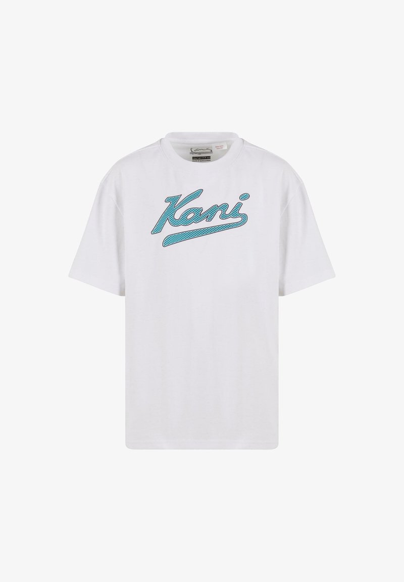 Valge puuvillane t-särk, millel on türkiissinine graafiline tekst "Kani" voolavas kursiivis rinna kohal. Lühikesed varrukad ja vabalt langev lõige.