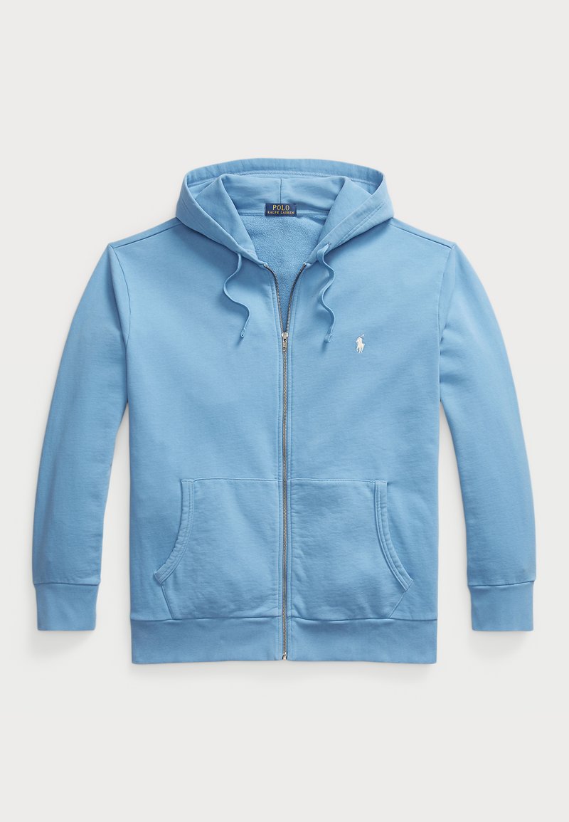 Jasnoniebieska bluza z kapturem na zamek, wykonana z miękkiej bawełny, z kapturem ze sznurkiem, kieszeniami z przodu i małym logo na lewej piersi.