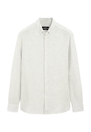 Chemise à manches longues boutonnée avec fines rayures verticales gris clair et blanc, dotée d’un col classique et de poignets boutonnés.