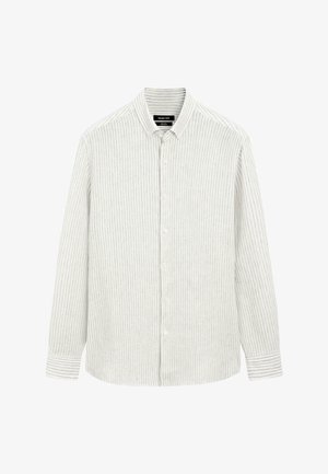 Overhemd met lange mouwen en knopen, met dunne verticale lichtgrijze en witte strepen, voorzien van een klassieke kraag en knoopmanchetten.