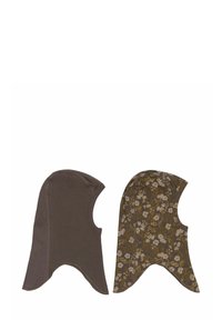 Balaclava pentru copii, reversibilă; o parte de culoare maro, cealaltă de culoare verde măslin cu un model floral. Material moale, potrivit pentru acoperirea capului, cu margini ascuțite.