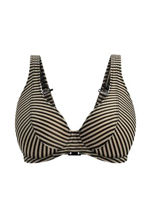 Zwart-beige gestreepte beha met een driehoekige vorm, bredere verstelbare bandjes en een haaksluiting. De stof heeft een gladde textuur.