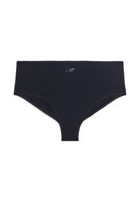 Black cotton hipster briefs with a high-waisted design, featuring a small paper airplane graphic on the front. Soft, stretchy material.