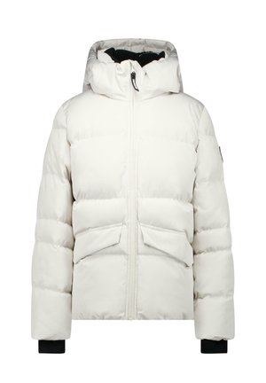 Witte gewatteerde winterjas met capuchon, rits aan de voorkant, twee klepzakken en zwarte binnenmouwen bij de polsen.