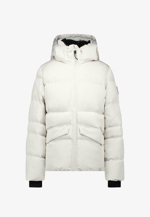 Witte gewatteerde winterjas met capuchon, rits aan de voorkant, twee klepzakken en zwarte binnenmouwen bij de polsen.