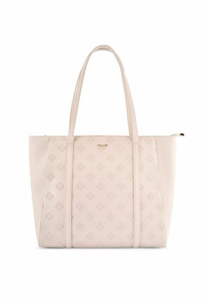 Beżowa torba na ramię z podwójnymi uchwytami, subtelnym wzorem z logo oraz zamkiem błyskawicznym u góry.