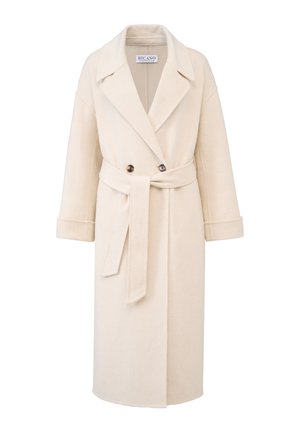 Beige wollen blend jas met een geknipt kraag, in wikkelstijl, lange mouwen, een ceintuur in de taille en twee donkere knopen als accenten.