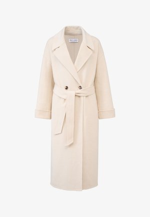 Beige wollen blend jas met een geknipt kraag, in wikkelstijl, lange mouwen, een ceintuur in de taille en twee donkere knopen als accenten.