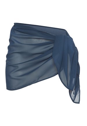 Marineblauer transparenter Sarong-Wickelrock mit gerafftem Stoff und Knoten-Detail auf einer Seite, leicht und halbdurchscheinend.
