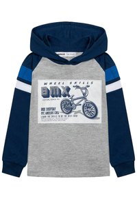 Hooded sweatshirt ar pelēku ķermeni, tumši zilu piedurknēm un ziliem akcentiem. Centrālā grafika attēlo velosipēdu ar tekstu uz balta fona.