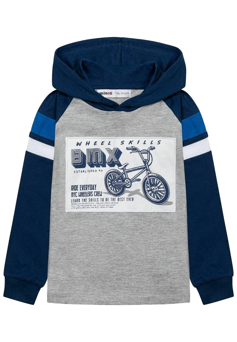 Hooded sweatshirt ar pelēku ķermeni, tumši zilu piedurknēm un ziliem akcentiem. Centrālā grafika attēlo velosipēdu ar tekstu uz balta fona.