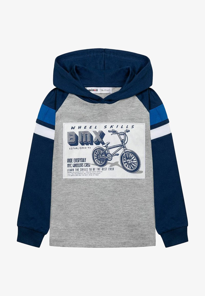 Kapitono džemperis su pilku priekiniu kūnu, tamsiai mėlynomis rankovėmis ir mėlynais akcentais. Centre esantis grafikas vaizduoja dviratį su tekstu baltame fone.