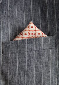 Tessuto grigio a righe con un fazzoletto da taschino che spunta. Il fazzoletto presenta uno sfondo chiaro con motivi geometrici rossi e accenti.