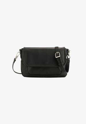 Black leather crossbody bag with adjustable strap, silver metal clasps, and a front flap closure.