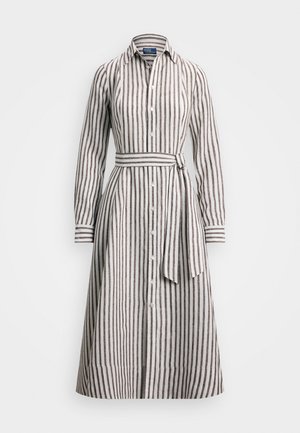 Striped shirt dress in white and brown, with a collar, long sleeves, and a waist tie; features button-front closure and cuff accents.