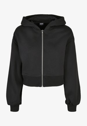 Sort cropped hoodie med lange ærmer, frontlynlås og hætte med snøre. Fremstillet af blødt materiale med ribbet manchetter og kant.