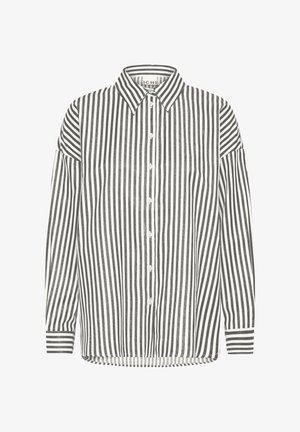 Svart och vitrandig långärmad skjorta med knappknäppning fram, strukturerad krage och manschetter med matchande ränder.