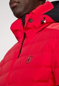 Rote isolierte Jacke mit einem Reißverschluss vorne, hohem Kragen und verstellbarem Kapuzen. Strukturierter Stoff mit einem Logo auf der Brust.