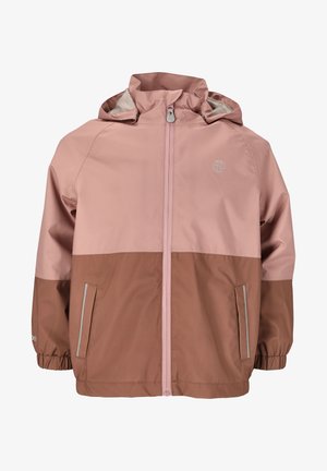 Leichte Jacke mit einem pinken oberen Teil und einem braunen unteren Abschnitt. Verfügt über eine verstellbare Kapuze, einen vorderen Reißverschluss und zwei Seitentaschen mit reflektierenden Akzenten.