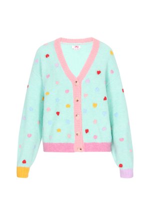 Lichtgroene cardigan met roze afwerking, knoopsluiting, kleurrijke hartpatronen, lange mouwen en pastelaccenten op de manchetten.
