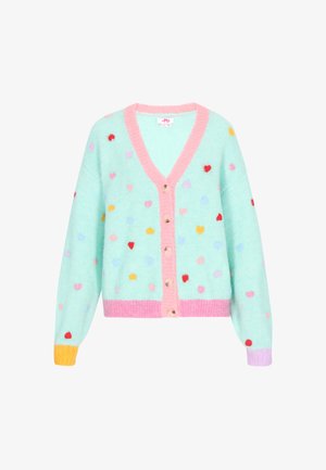Svetlozelený kardigán s ružovým lemovaním, uzatváranie na gombíky, farebné srdcové vzory, dlhé rukávy a pastelové akcenty na manžetách.