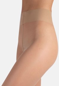 Beige, transparente Strumpfhosen mit hoher Taille. Glatte Textur, undurchsichtiger Beinbereich sowie ein nahtloses Bündchen für Komfort. Ideal für den täglichen Gebrauch.
