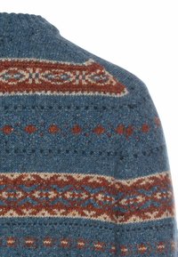 Knit sweater featuring a blue base with contrasting brown and cream geometric patterns. Ribbed neckline, textured yarn, and subtle detailing.