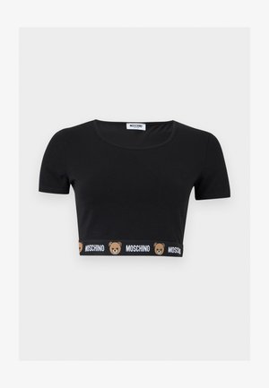 Černý krátký top s kulatým výstřihem a elastickým lemem s opakujícími se tvářemi medvídků a nápisem "MOSCHINO".