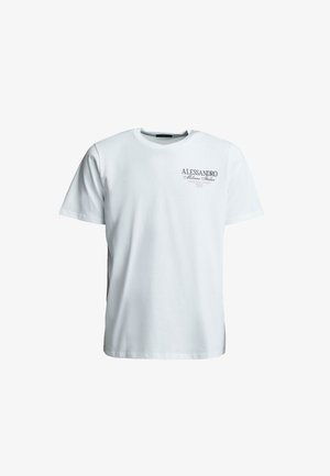 White cotton t-shirt featuring short sleeves, a round neckline, and black printed text on the left chest area.