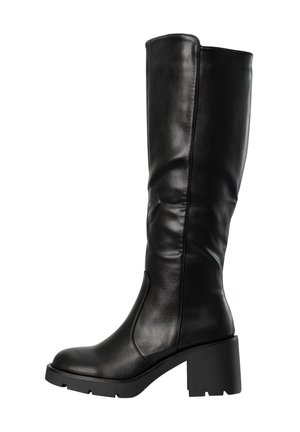 Zwarte leren laars tot aan de knie met blokhak en robuuste zool, gladde schacht met minimale naden, rechtopstaande vorm.