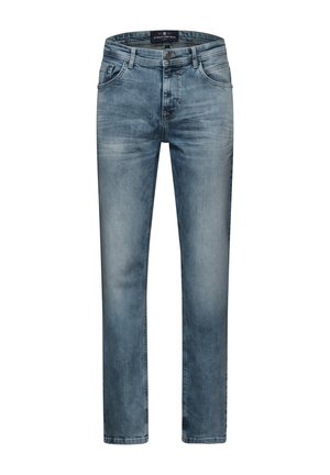 Hellblau gewaschene Jeans mit geradem Schnitt, featuring ein Fünf-Taschen-Design und subtilen Verblassungen. Glatte Textur mit Metallbeschlägen.