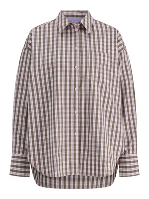 Koszula z długim rękawem na zatrzaski z zielono-białym wzorem w kratę, przednia kieszeń i szpiczasty kołnierzyk.