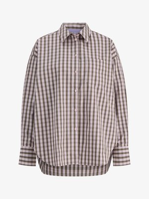 Koszula z długim rękawem na zatrzaski z zielono-białym wzorem w kratę, przednia kieszeń i szpiczasty kołnierzyk.