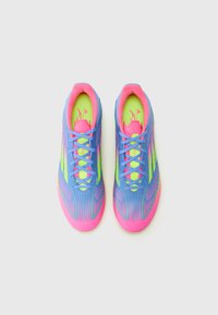Sport shoes featuring a gradient design in blue, pink, and neon green, with a textured upper and flat laces. Lightweight with a streamlined shape.