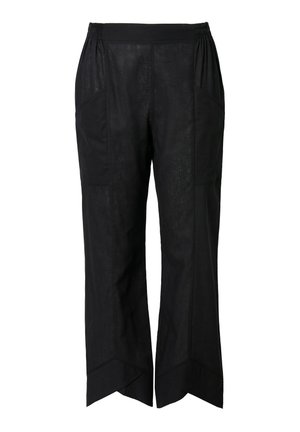Pantalons noirs courts avec une ceinture élastique, deux poches latérales, un tissu texturé et des détails d'ourlet angulaires en bas.