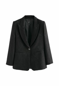 Black blazer with a textured pattern, notched lapels, single button closure, and two front pockets. Smooth inner lining.