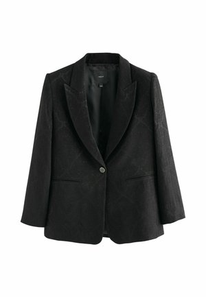 Black blazer with a textured pattern, notched lapels, single button closure, and two front pockets. Smooth inner lining.
