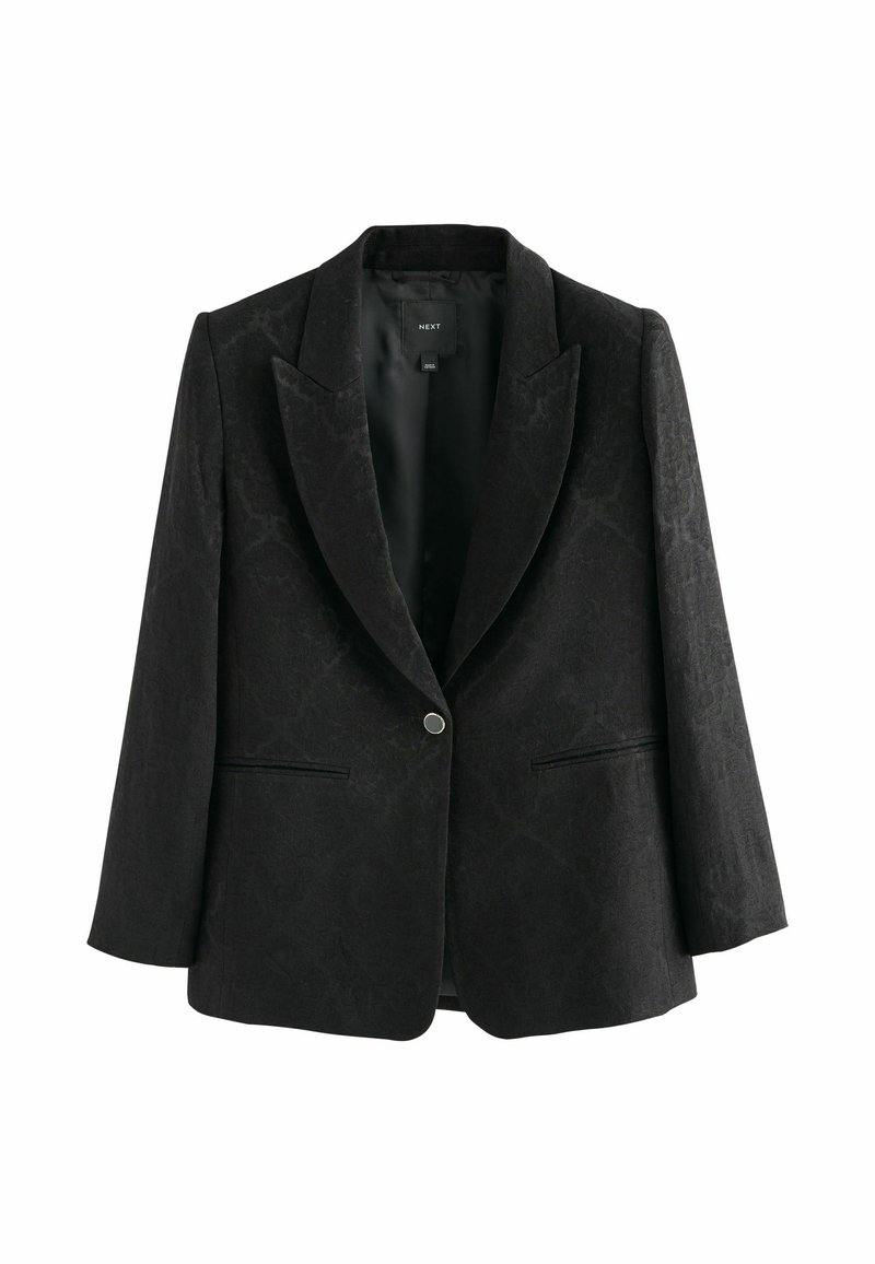 Black blazer with a textured pattern, notched lapels, single button closure, and two front pockets. Smooth inner lining.