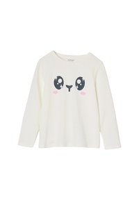 Weißes Langarmkindershirt mit einem niedlichen schwarzen und rosa Cartoon-Tiergesicht auf der Vorderseite.