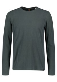 Langarm T-shirt met ronde hals in donkergrijs, gemaakt van een gestructureerd materiaal en met een rechte pasvorm. Bevat een klein logoaccent nabij de zoom.