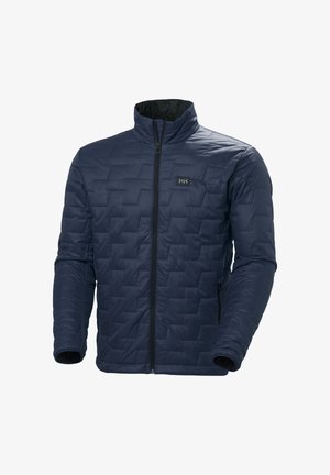 Chaqueta acolchada marina con un cuello alto, cremallera frontal completa, diseño de acolchado texturizado y logo negro en el pecho.