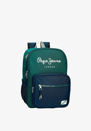 Mochila bicolor verde y azul marino Pepe Jeans London con múltiples compartimentos con cremallera y correas de hombro acolchadas.