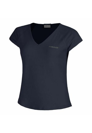 Camiseta deportiva de mujer azul marino de manga corta con escote en V, logo sutil en el pecho izquierdo, corte entallado y tela suave.