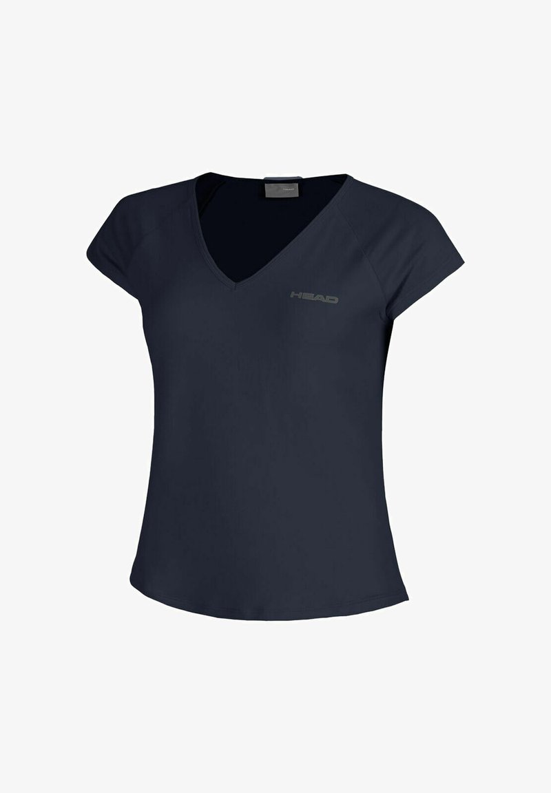 Camiseta deportiva de mujer azul marino de manga corta con escote en V, logo sutil en el pecho izquierdo, corte entallado y tela suave.